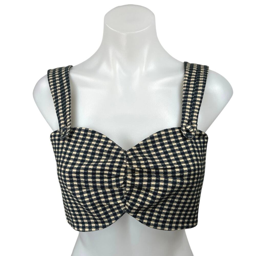 Framed Black White Checkered Plaid Sleeveless Sweetheart Neck Crop Tank Top 8